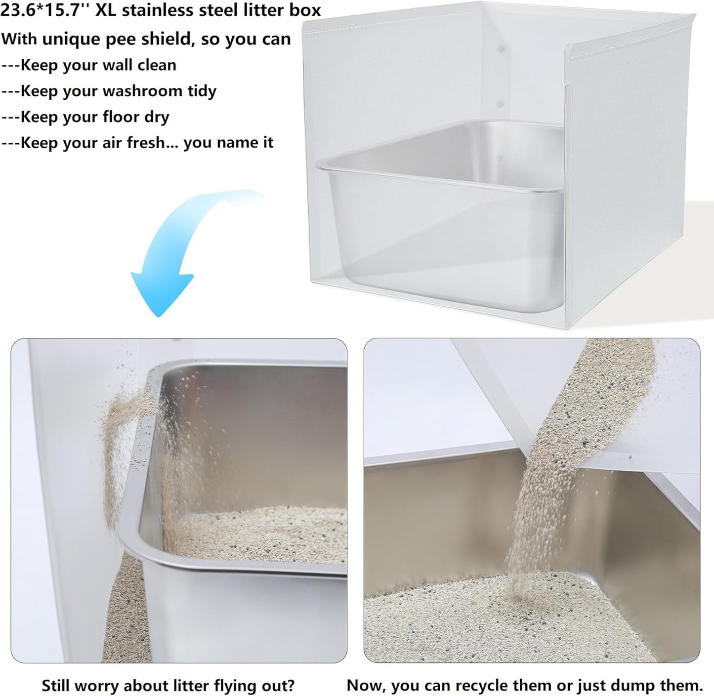 1Pc Large Cat Litter Box, Stainless Steel Metal Box for Cats, XL Kitty Litter Box with Enclosure, Premium Odor-Free Design