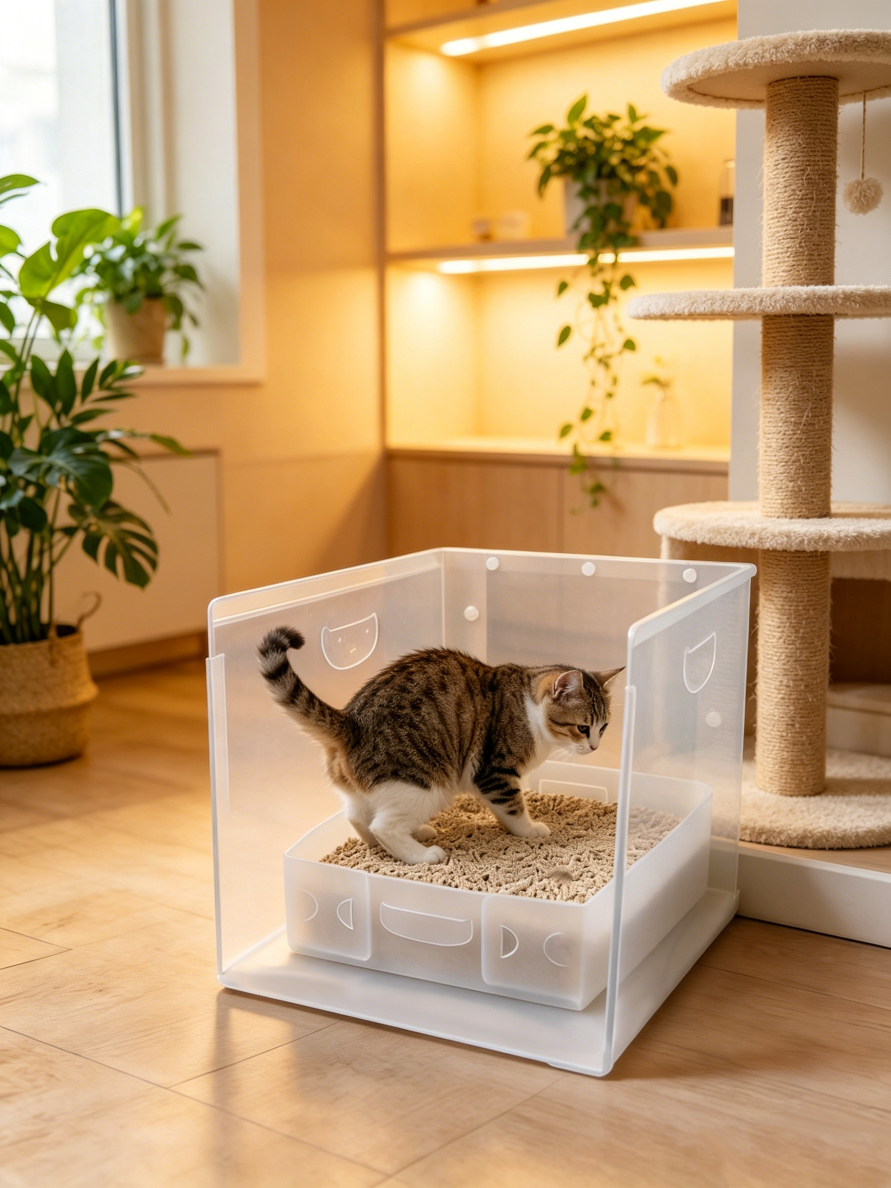Litter privacy product display with cat