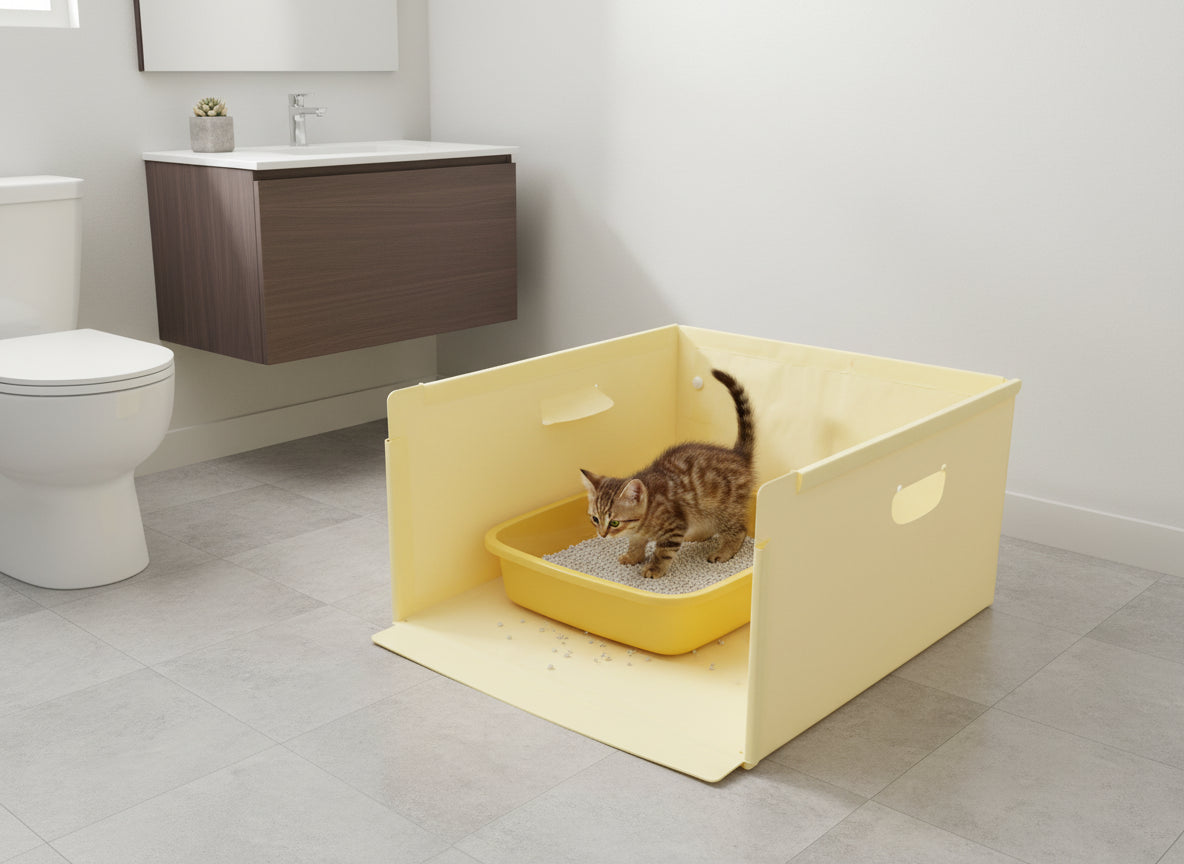Cat in WOWSSPET bathroom litter setup